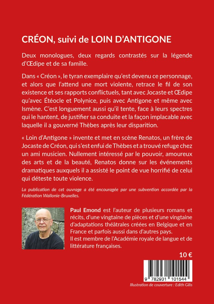 Les oiseaux de nuit éditions. Pièce de théâtre belge francophone, Créon suivi de Loin d'Antigène, Paul Emond, couverture 4.